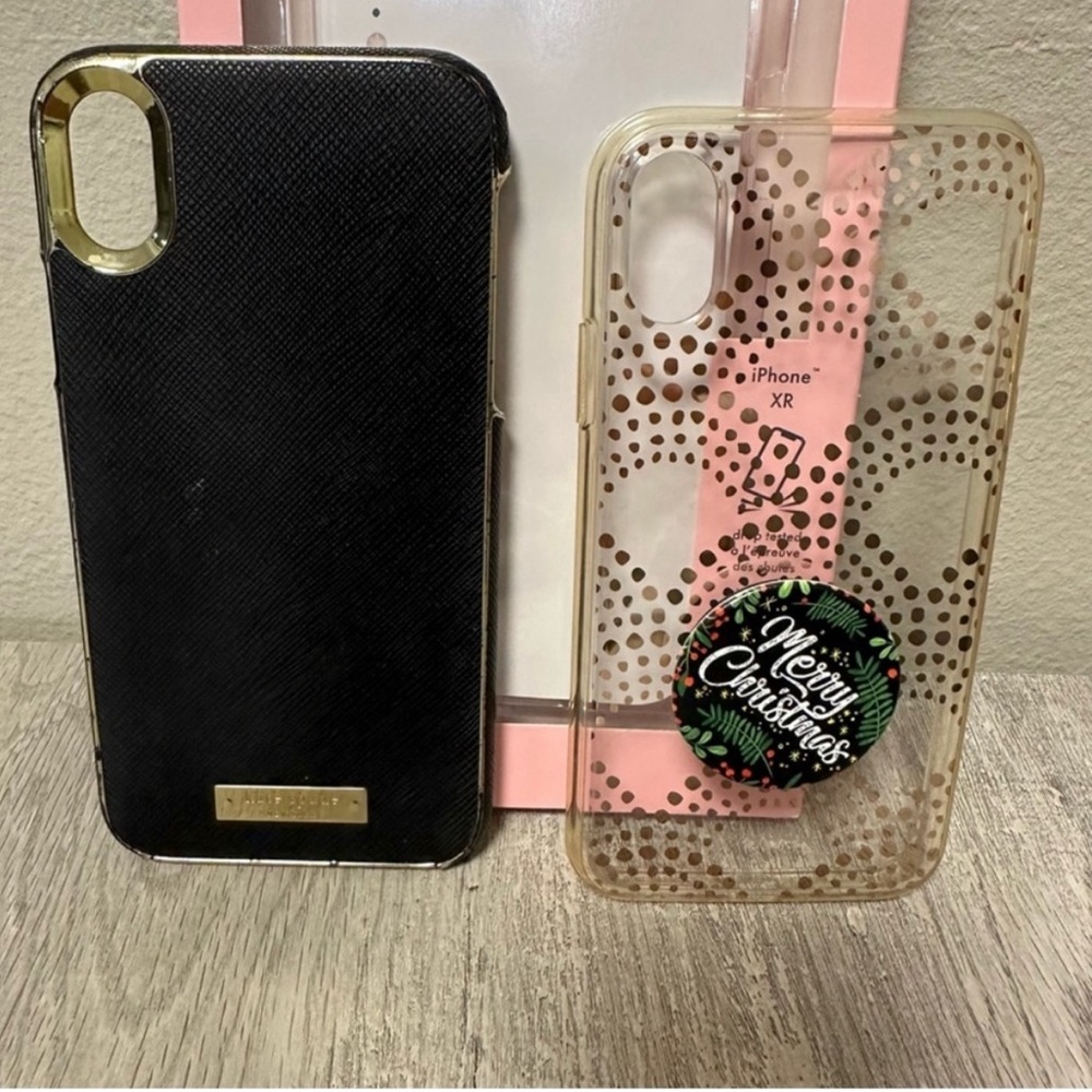 iPhone XR cases: black & gold Kate Spade, clear & rose gold dot Merry Christmas